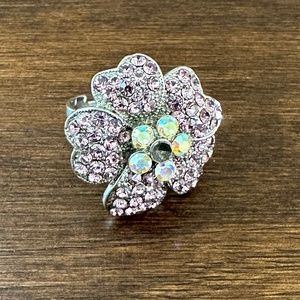 Adjustable Pink Flower with Rhinestones Silver Ring